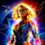 Placeholder: Captain Marvel,flying in the sky, hair on fire, realistic, vibrant colors, Kate beckinsale's face, long hair, gold angel wings, full body, in space, muscular, hyperrealistic, airplane, deathstar, facemask, topless, nuclear explosion, beauty happy face