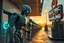 Placeholder: A cinematic wide-angle oil painting of a humanoid robot plugging a thick electric charging cable into its torso port at a futuristic charging station within a retro-style gas station. A long line of identical humanoid robots stands patiently behind, waiting for their turn to recharge. A large vintage-style sign to the side reads 'Electric Robot Charging Station.' The scene is bathed in golden-hour lighting, with rich, noisy colors, expressive thick brushstrokes, intricate steampunk elements, glo