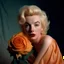 Placeholder: A photograph of sad childish marilyn monroe, head backwards , with a rose, , with spiky hair, no make up, in the style of milton greene, a pale orange silk scarf around her shoulders, white bacground, very soft lightning from à desk lamp