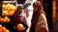 Placeholder: A full-length Palestinian girl wearing an embroidered dress and a white embroidered shawl buys oranges from an old seller wearing a keffiyeh in the market of Jerusalem, 100 years ago, at night with multi-colored lights reflecting on her.