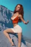 Placeholder: isometric clean art of super beautiful voluptuous lady, soft lighting, high definition, blender 3d, beautiful, long hair, bismuth and blonde hair, skin-tight translucent shiny orange and teal leather cropped top and waist-length miniskirt