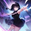 Placeholder: Clear focus,High resolution, Black short fluffy hair, and purple eyes, wearing a black outfit, must wear a short skirt, holding a glowing bow, fighting stance