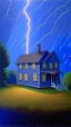 Placeholder: A light periwinkle haunted house in a lightning storm painted by Georges Seurat