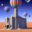 Placeholder: spaceport church rockets in the desert for hot air baloons with gas stations lots of gas stations and shipwrecks sailship wrecks and cargo churches and containers with fleemarkets and scavengers lots of logos and advertisement spaceshuttels in icebergs oasis desert sahara with rooftop lounges and casino