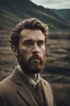 Placeholder: ultra realistic cinematic scene of fictional-Oscar winning historical drama young handsome beard Actor wears Magdalena Abakanowicz fashion catwalk, film grain, cinematic color grading, detailed face, dramatic lighting, icelandic landscape, directed by Stanley Kubrick