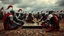 Placeholder: A group of medieval knights playing a board game in the middle of a battlefield, while their horses watch curiously, award-winning photograph, exquisite detail and realism