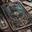 Placeholder: close-up high angle shot, fantasycore beautiful, Intricate hyperdetailed, enchanting The hanged tarot card set, layed on an old ripped table..