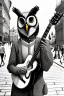 Placeholder: One single mature owl, playing guitar in the street , Vienna, smiling, sunny day, model style, hyper realistic, extremely accurate, delicate, extremely detailed, Graphic novel style, wide-angle, open aperture, superfine pencil