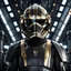 Placeholder: star wars bald male corellian pilot wearing pearlescent black and gunmetal grey First Order special forces heavy assault armor and helmet with gold trim inside the jedi temple, centered portrait, hyperdetailed, dynamic lighting, hyperdetailed background, 8k resolution, volumetric lighting, light skin, fully symmetric details