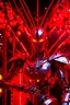 Placeholder: A humanoid being made entirely of sharpened metal blades and spikes with glowing red eyes stands before a mechanical tree. Photograph.