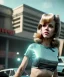 Placeholder: Ultra Realistic retro sci-fi movie Supermarket parking scene, 1960 year, waist up view portrait, a giant blonde woman, sweet teenager Jane Fonda face, perfect iris, glow eyes, face makeup, tight latex coat, many people, Retro sci-fi style, soft color, highly detailed, unreal engine 5, ray tracing, RTX, lumen lighting, ultra detail, volumetric lighting, 3d, finely drawn, high definition, high resolution.