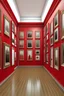 Placeholder: Realistic pictures, as if they were taken professionally, a frame without a picture, wrapped in a bright red cloth, in a hall containing many frames without pictures.