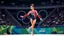 Placeholder: Please provide a detailed Photo of a female gymnast performing her routine on the floor exercise at the Olympic Games. Include specific elements of her performance, such as her choreography, the difficulty of her moves, her artistry, and how she engages the audience. Additionally, describe the atmosphere of the event, the reactions of the crowd, and any notable aspects of her presentation. The output should be structured in a way that captures the excitement and technical skill of the performanc