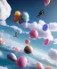 Placeholder: Ultra realistic speed clouds sky scene, wide angle view, child falling down with many Children background, inflatable monsters, circus dress style, feather color, free jumping flying, many trinkets, hair monster, many jelly beans, balls, color smoke, smile, happy, extreme, wind, clouds sea, 20,000 feet altitude, stratosphere, soft color, highly detailed, unreal engine 5, ray tracing, RTX, lumen lighting, ultra detail, volumetric lighting, 3d, finely drawn, high definition.