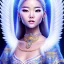 Placeholder: portrait of a beautiful mongolian woman with an angel face smiling,long blond hair, blue eyes, pink and blue dress, jewels, soft light aura