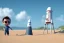 Placeholder: Toddler Elon Musk using sand to build a tall skinny space rocket That looks like a rocket on the beach, Blue shovel, plastic bucket, sunglass