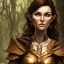 Placeholder: dungeons and dragons, female wood elf, druid, brown hair, brown eyes, full body, realistic face, short hair, hair tied back, large nose, closed mouth, nature armor, face scars, tan skin