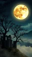 Placeholder: Visualize a breathtaking scene where a magnificent, glowing full moon dominates the night sky, its luminescence casting a warm, vintage glow over the landscape. The moon's surface is intricately detailed, showcasing craters and valleys that tell a story of celestial beauty. Below, an old castle ruins, gnarled trees stands in stark contrast to the moonlight, their twisted branches reaching out like shadows against the soft illumination. The ground is carpeted with a layer of mist that swirl