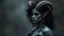 Placeholder: Grey skinned tiefling woman black curly hair goat horns
