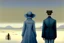 Placeholder: two gender-neutral people seen from behind walking side by side in an empty foggy plain, above there is blue sky by artist "Leonora Carrington",by artist "Christian Schloe",by artist "Kay Sage"