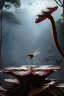 Placeholder: large venus fly trap with teeth eating a dragonfly, flowers, jungle, hyperrealistic, trees in background, digital art, alien like, disgusting, intricate, morbid, rainy, sinister, volumetric lighting, unreal engine, high resolution, 8k, depressing colors, dark colors, horror, horrific,