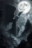 Placeholder: surreal dreamlike scene, stunning warrior fallen angel with sword, mystic gloomy, surreal dark shadows and pale light, stones, rocks, dark vibe, come strom , dark colors, , moon with black darkness, fog, detailed, spalh art, black and white art