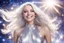 Placeholder: very beautiful cosmic women with white long hair, smiling, with cosmic silver metallic dress and in the background there is a bautiful sky with stars and light beam