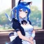 Placeholder: Clear Focus, High resolution, wearing a maid uniform, fluffy hair and a long ponytail, blue hair, cat ears, meowing