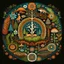 Placeholder: realistic image like a photo of bright mandala with forest, muschrooms, roots, trees, ferns, animals