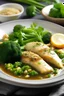 Placeholder: White fish fillets Quinoa Broccoli Fish or vegetable broth