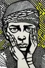 Placeholder: tribal man in grieg with hands on face pencil draw style of roy lichtenstein