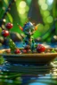 Placeholder: glass elf pixie hippie creature on small raft with a bowl of magical fruit soup, in the style of fantasy movies, photorealistic, shot on Hasselblad h6d-400c, zeiss prime lens, bokeh like f/0.8, tilt-shift lens 8k, high detail, smooth render, unreal engine 5, cinema 4d, HDR, dust effect, vivid colors