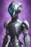 Placeholder: One Genderless Cyborg made of old rusted metal, has a human like face with a really long violet ponytail, they wear armor that is similar to Megaman. The color palatte of the armour is deep purple and yellow. They have Turquoise colured eyes. The Background is dark grey.