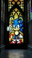 Placeholder: gritty photography of a large gothic church stained glass window featuring a glass mosaic image of an ecclesiastical Sonic the Hedgehog giving a thumbs up, hyperreal stained glass window