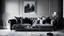 Placeholder: Living room interior with gray velvet sofa,