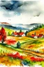 Placeholder: Autumn Czech valley in the rain. - Watercolor and watercolor painted style - Jenna Rainey style