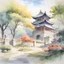 Placeholder: chinese-style watercolor painting of a campus surround by trees, trending on artstation, bloom, in a distance
