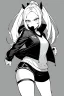 Placeholder: blonde girl with ponytails dressed in a jacket and shorts walks angry, greyscale