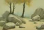 Placeholder: Trees, rocks, one person, 2000's sci-fi films influence, willem maris impressionism painting