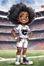 Placeholder: A sassy thick-lined watercolor cartoon image of a black chibi girl standing in front of a football stadium. She is wearing a Georgia Bulldogs football jersey with tight white jeans and timberland boots. behind her curvy body. Looking up coyly, she grins widely, showing sharp teeth. Her poofy hair forms a mane framing her confident, regal expression. Prominent makeup with hazel eyes. Hair is highly detailed.