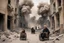 Placeholder: 10 bloody elders in with sad dogs in wheelchairs trying to escape from falling bombs in a ruined city in Palestina, smoke and fire and explosions