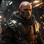 Placeholder: star wars bald male corellian pilot wearing pearlescent black and gunmetal grey First Order special forces heavy assault stealth commando armor and helmet with gold trim inside the jedi temple, hyperdetailed, dynamic lighting, hyperdetailed background, 8k resolution, volumetric lighting, light skin, fully symmetric details