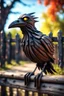 Placeholder: smilende zombie crow av tre foran 3d vrengt spesialeffekt plasma av et kastanjegjerde in the style of giger and fallout 4 ,,bokeh like f/0.8, tilt-shift lens 8k, high detail, smooth render, down-light, unreal engine