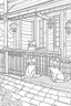 Placeholder: kids coloring page, Cats on the porch, cartoon style, thick lines, low detail, no shading