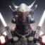 Placeholder: a beautiful full frame digital painting of futuristic cyborg samurai robot with power sword, glowing ayes, wide angle view, macro lens, titanium accents, intricate details, small minutiae, tiny features, particulars, colorful, 8k, least ambient occlusion, volumetric lighting, volumetric clouds. art by Yoji Shinkawa