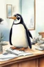 Placeholder: a penguin is an investor in 1990 office, watercolor. phone talk.