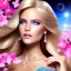 Placeholder: Full body Princess, sexy woman blondie, make up, beautiful smiling face,blue eyes, beautiful place,amazing, flowers, colors, blue and pink butterfly, realistic, photo real, stars night, detailed, high contrast, 8k high definition, unreal engine 5, extremely sharp detail, light effect, light background