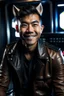 Placeholder: Smiling Male Half-Asian actor with cat ears in a leather jacket, on a spaceship deck