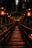 Placeholder: A wooden bridge in the forest at night with fire lanterns on each side