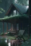 Placeholder: A cottage in the middle of a woods, with a rocking chair on its porch. Surrounded by lush greenery, and light rain falling. Comforting, soothing, hyper real, 4k